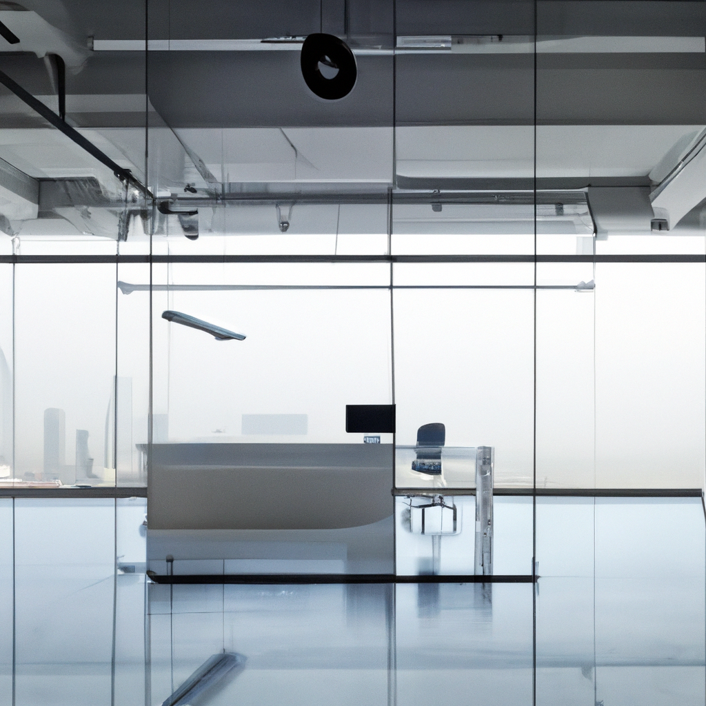 Современный офис NebulaForge с панорамными стеклянными стенами и мягкой неоновой подсветкой