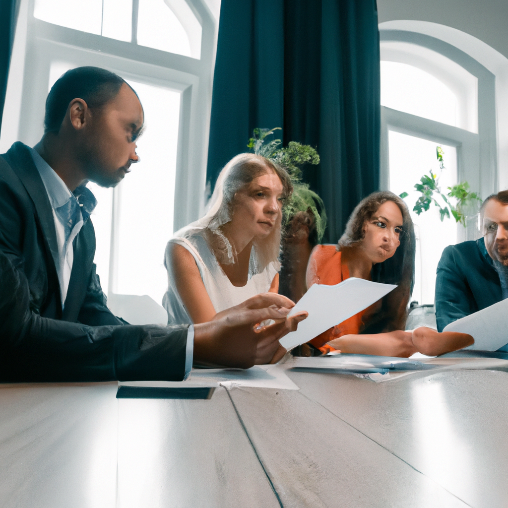 Команда в современном офисе изучает документы политики конфиденциальности при естественном освещении