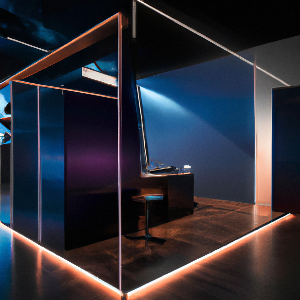 Ультра-роскошное минималистичное пространство рабочей зоны с стеклянными панелями, неоновыми линиями и темным интерфейсом
